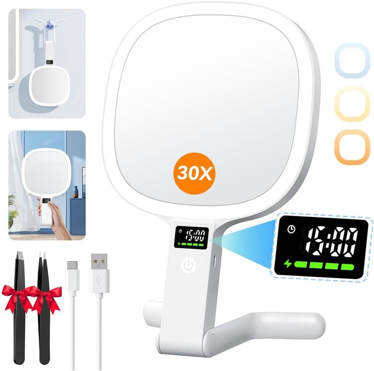 Make up spiegel met led - Wit - 26,5 x 15,7 x 0,2 cm - Dubbelzijdige USB-oplaadbare reisspiegel - Voor make-up en verzorging