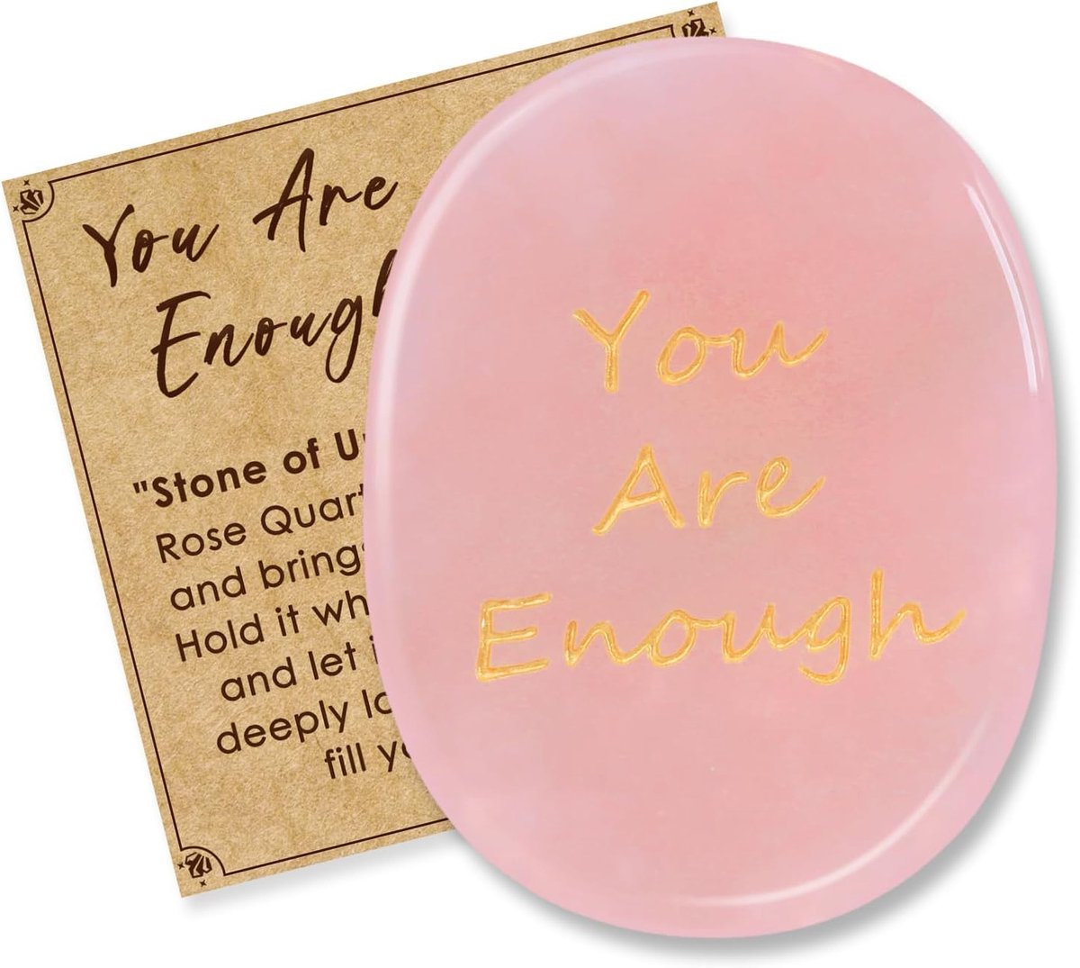 Rozenkwarts kristal zorgensteen met gravure "You Are Enough" edelsteen om in de hand te houden, spiritueel kristalsteen, mindfulness-cadeau