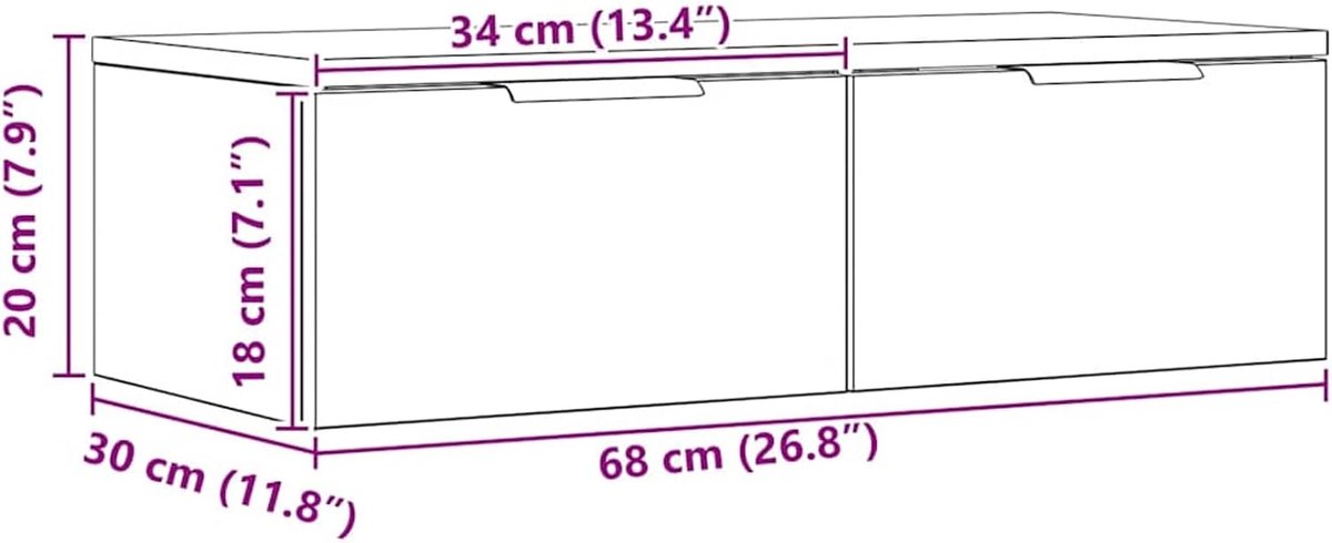 Houtmateriaal, 68 x 30 x 20 cm, Artisan eiken, eenvoudige hangkast met 60 kg draagkracht voor servies, decoratie en kantoorartikelen