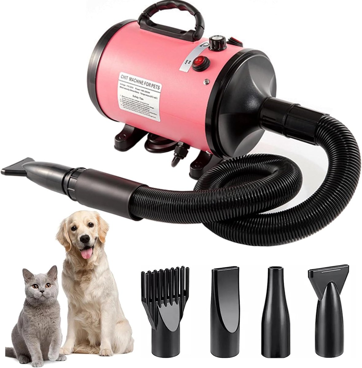 Honden föhn, 2800W, instelbare snelheid en warmte, 4 mondstukken