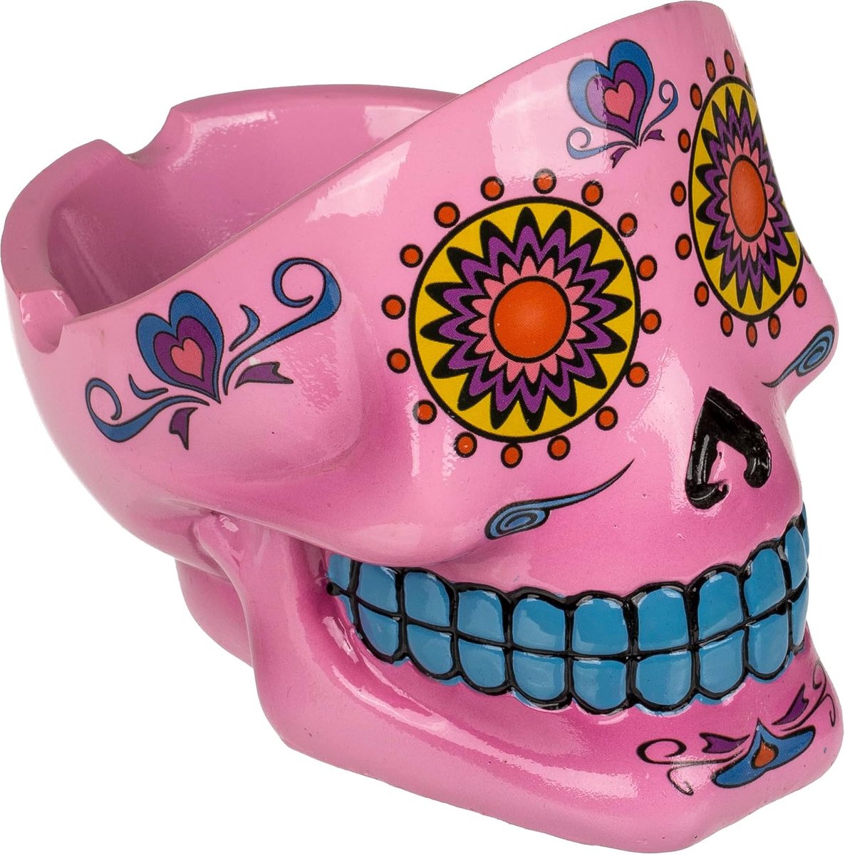 Schedel-asbak van polyresin, motief Dag van de Doden, meerkleurig, 12 cm, 6 verschillende kleuren, met geschenkdoos (roze)