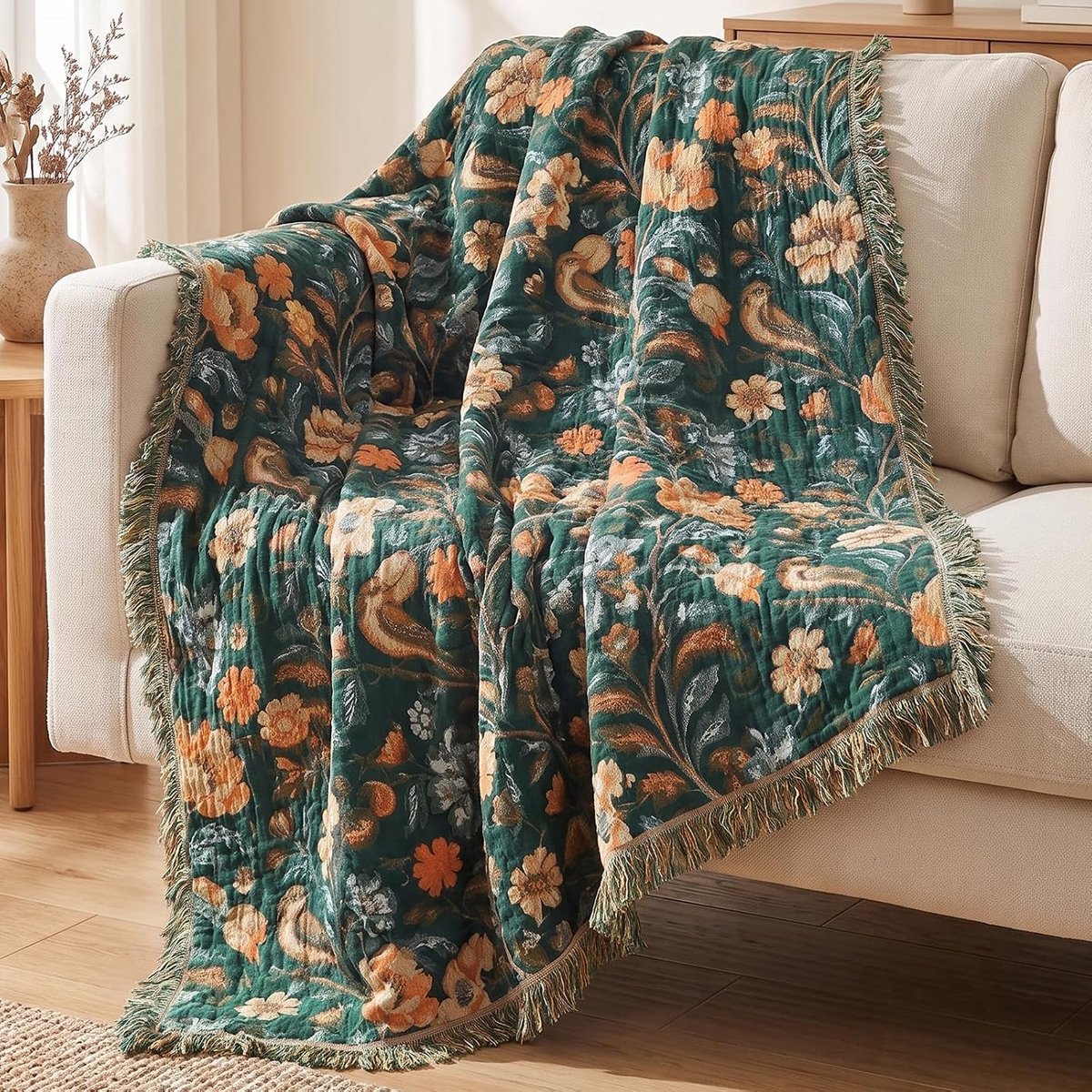 Sprei, 150 × 200 cm, mousseline katoenen deken met franjes, groen