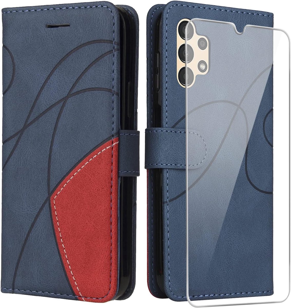 Hoesje voor Samsung Galaxy A13 4G, Kleurencombinatie (Blauw en Rood) PU lederen Flip Portefeuille Case Beschermhoes met een Gehard Glas Beschermfolie Displaybeschermfolie voor Samsung Galaxy A13 4G