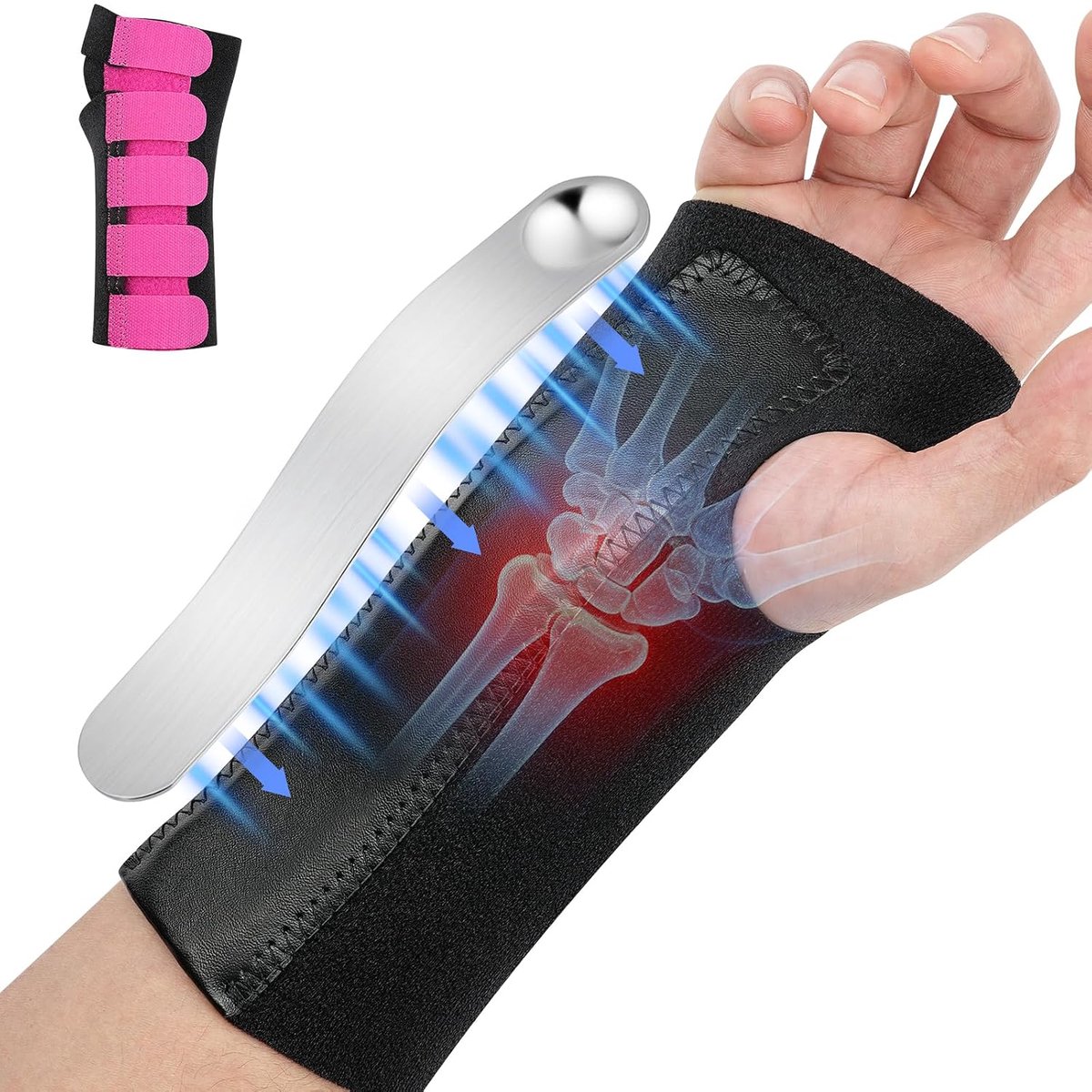 Verband, Polsbrace, met metalen spalken, Polsspalk voor Carpaal Tunnel Syndroom, Verstelbare Klittenbandsluiting voor Sport en Fitness, voor Dames en Heren (Rechts, L, Rosérood)