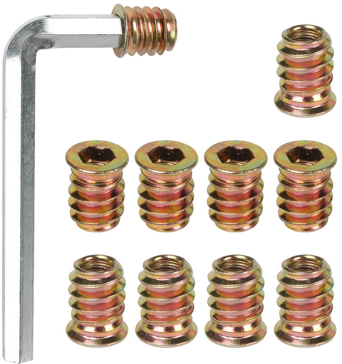 M6x10, 10 stuks Inschroefmuffe Gewindeinzetstukken, Gewindeinzet inschroefhuls hout legering inslagmoer inschroefdraad binnenzeskant zink moeren voor houten meubels