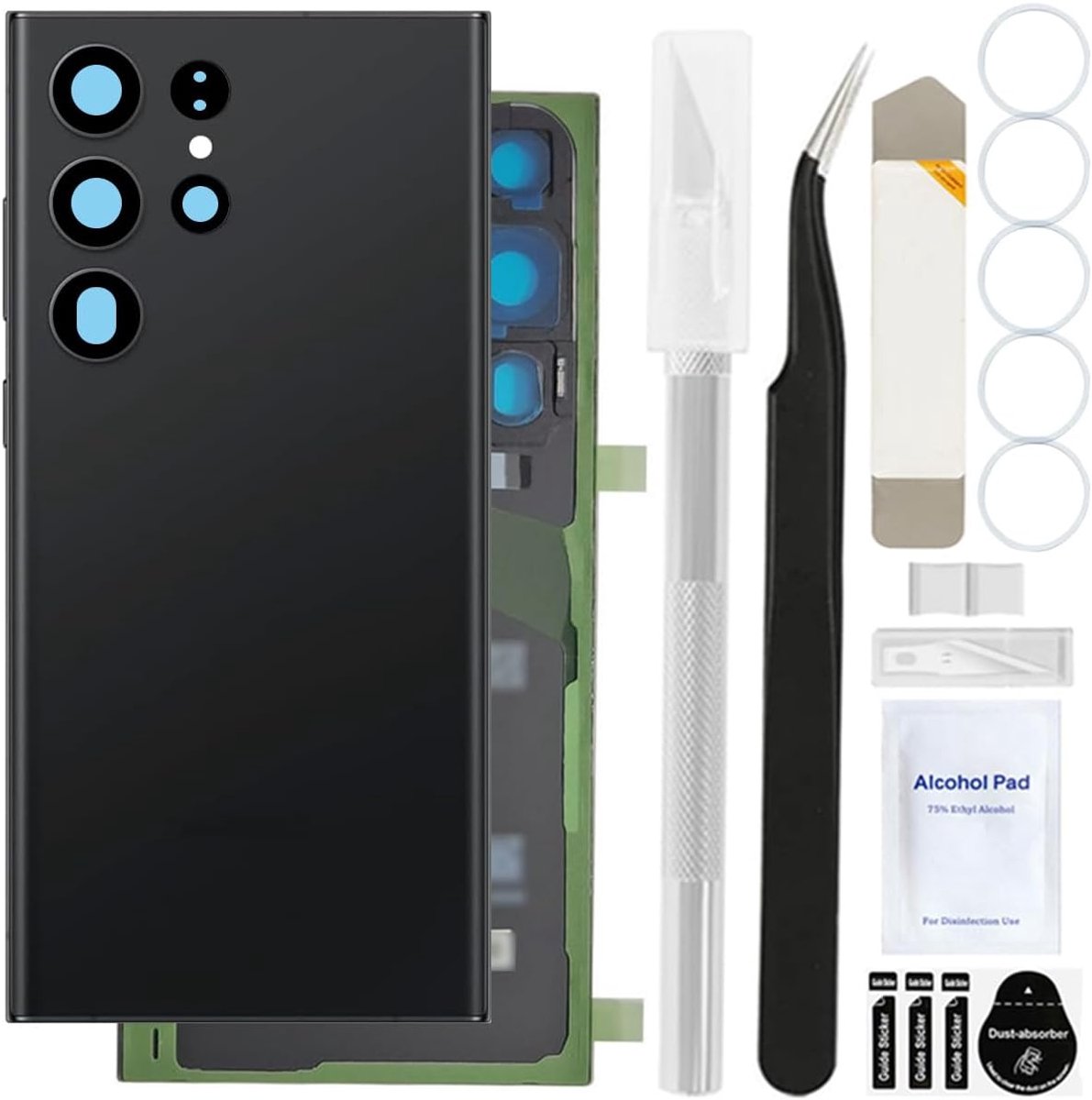 14 stuks achterkant achterkant glas vervanging cover behuizing deur paneel met vooraf geïnstalleerde camera lens en tape, reparatie tool kit inbegrepen, voor Samsung voor Galaxy S23 Ultra