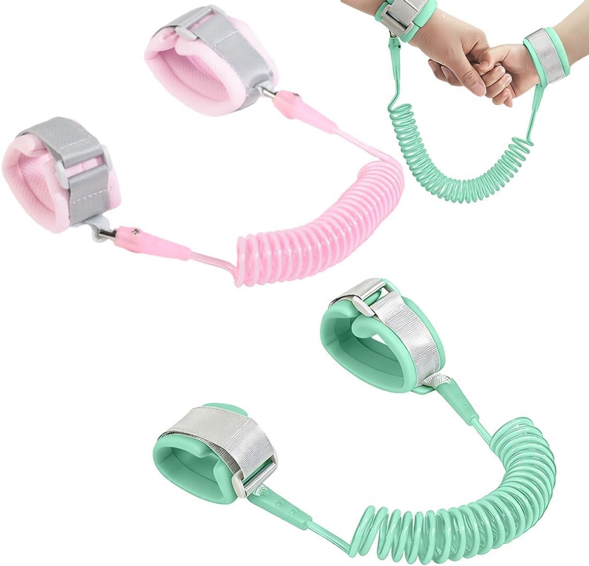 2 stuks veiligheidslijnen voor kinderen, anti-verliesarmband, 2 m, 360° draaibare armband voor supermarkt-verkenningsassistenten (roze, groen)