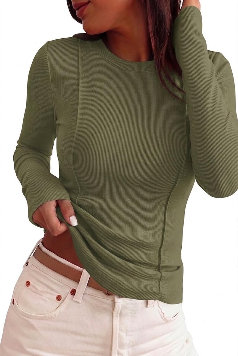 Shirt met lange mouwen voor dames, geribbeld, ronde hals, basic