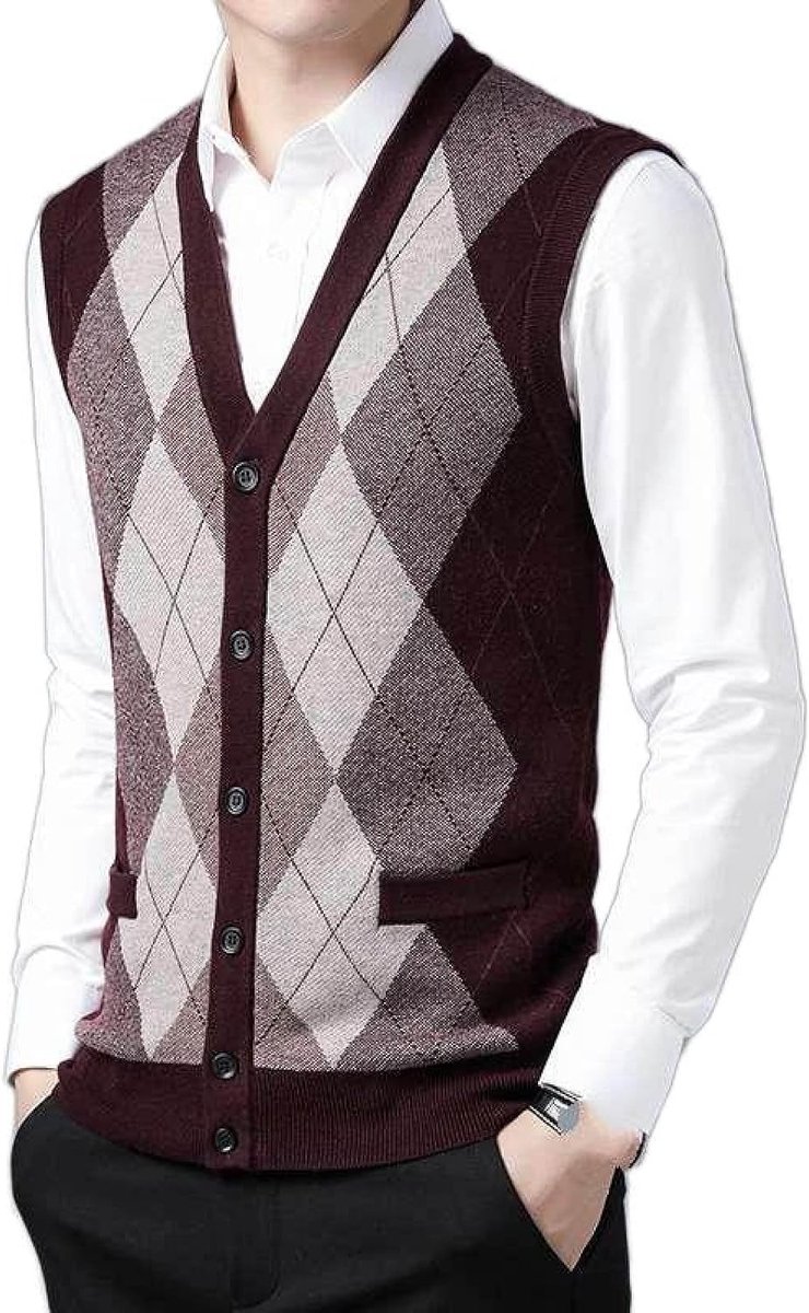 Kasjmier Gemengd Argyle Gebreid Vest Met V-Hals, Klassiek Kleurbijpassend Ruitpatroon Casual En Veelzijdig Mouwloos Vest, Heren Gebreide Trui Vest Tanktops, Wijnrood, S
