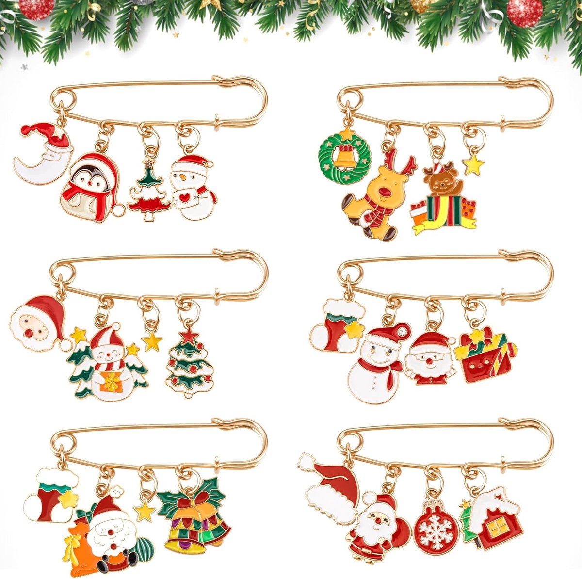 6 stuks kerstbroche spelden set, metalen kerstbadges met strass parels Xmas party accessoires decoraties voor volwassenen kinderen (goud)