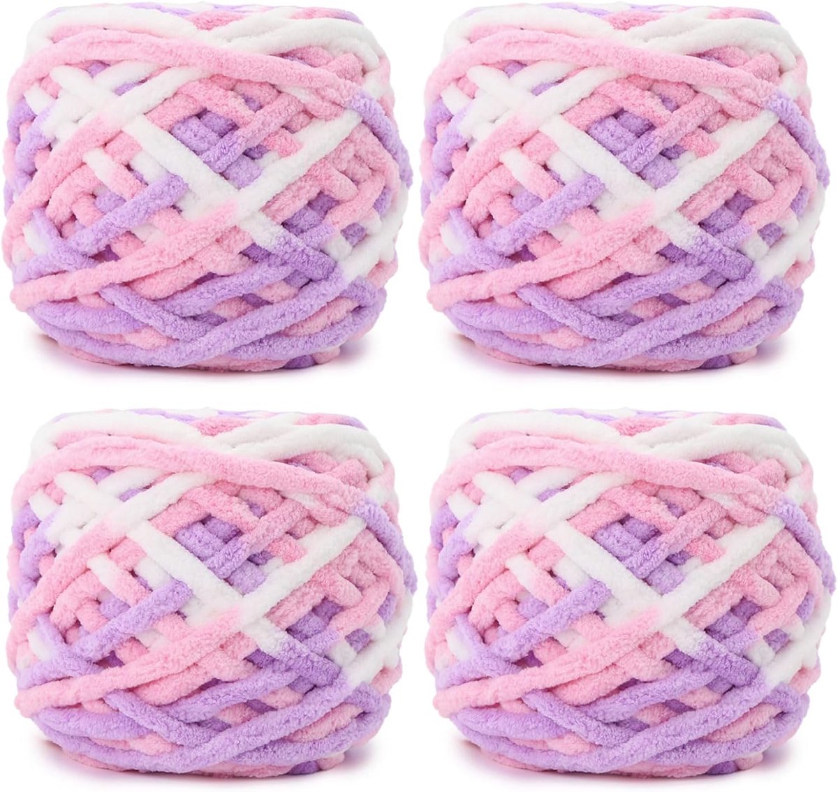 Gebreide Wollen bol, 4 x 100 g, Dikke Wolbol voor Naalden 7-8 mm, Dikke Haakwol, Ideaal Voor Het Breien van Mutsen, Sjaals, Truien en Pantoffels (Roze-Lila-Wit)