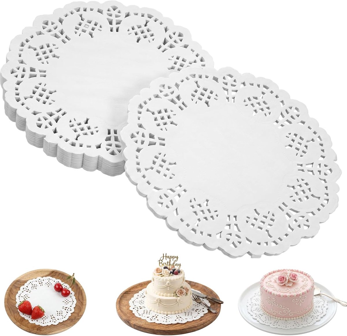 Rond, 200 stuks, kantpapier, 11,5 cm, taarttopjes, taartonderlegger, witte wegwerp-papieren placemats voor taarten, desserts, knutselwerk en tafeldecoraties