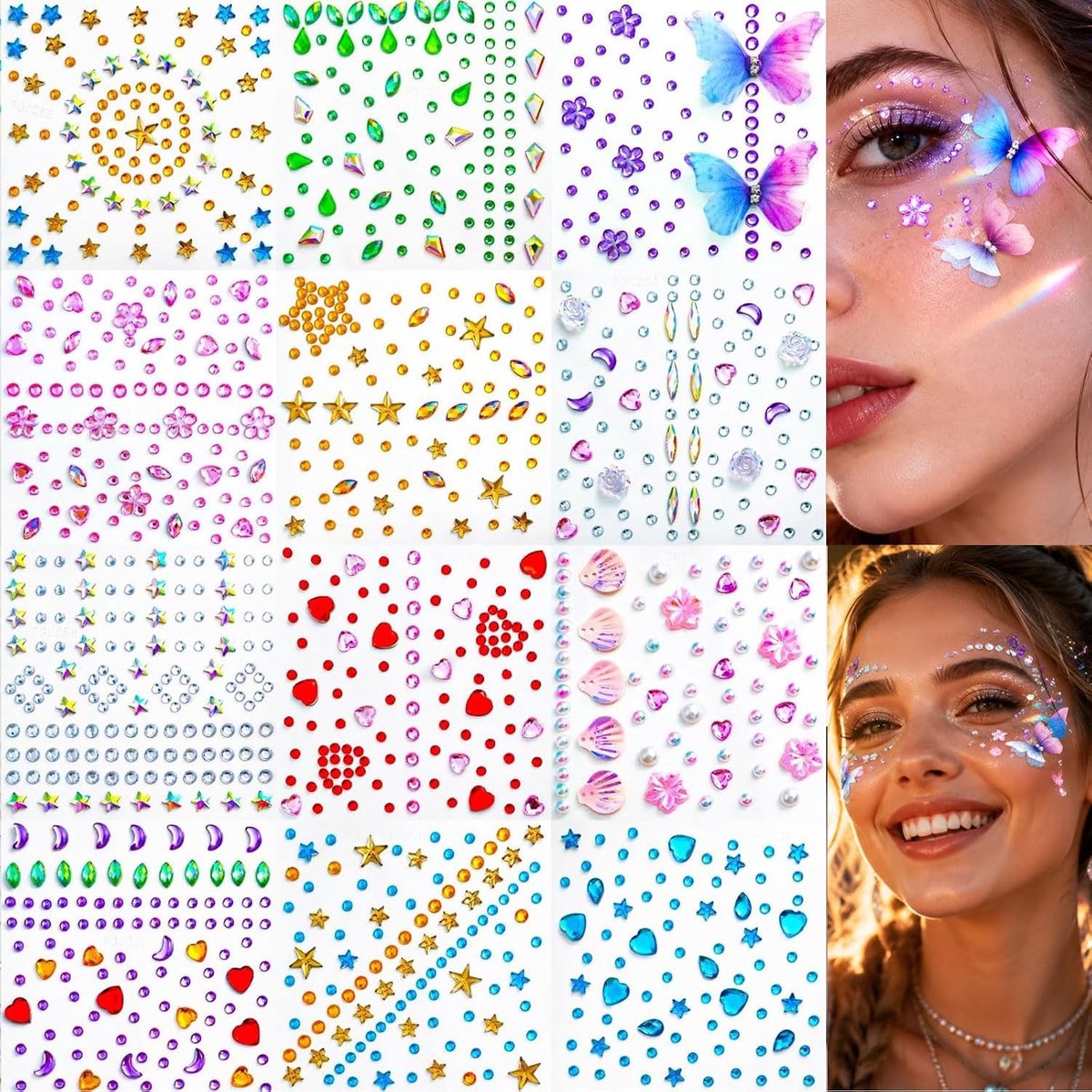 12 Bogen Gezichts-Edelsteen-Stickers, zelfklevende strassteentjes
