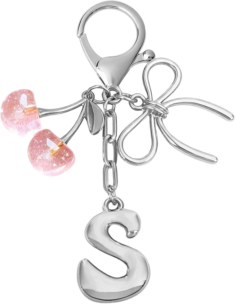 Kristallen Kersen Sleutelhanger met Metalen Strik, Gepersonaliseerde Sleutelhanger met Initiële Letter, Leuke Kawaii Tas Charms Accessoires, Prime Gift voor Vrouwen Meisjes Vrienden
