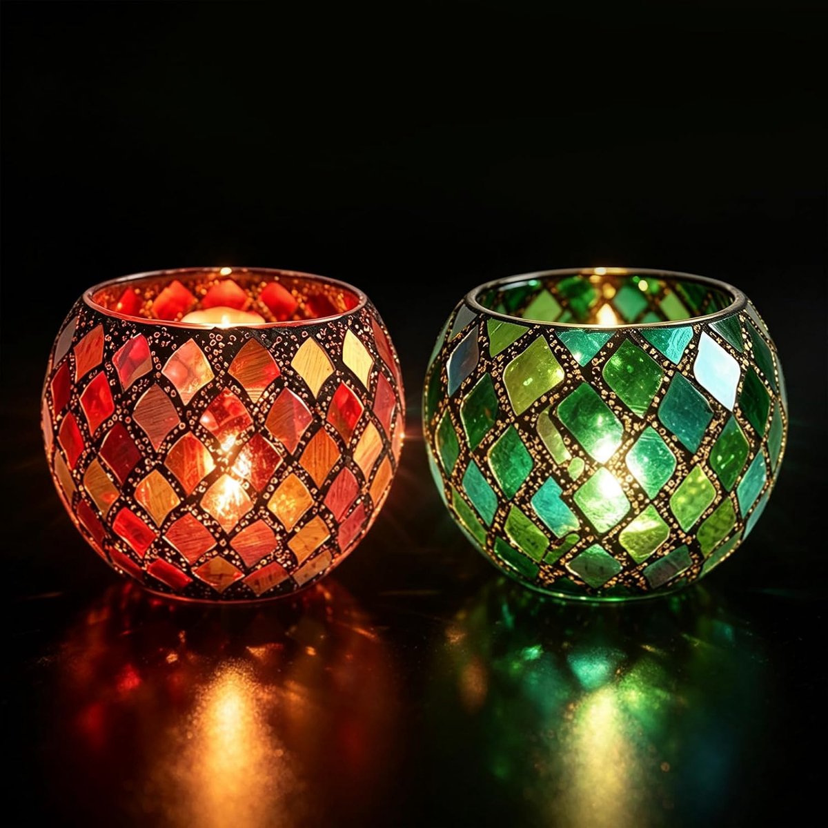 Theelichthouders 8 x 10 cm: handgemaakte theelichthouders in warm rood en dennengroen, oosterse kandelaar van glas voor bruiloft, Diwali, Kerstmis, tafeldecoratie & romantische sfeer