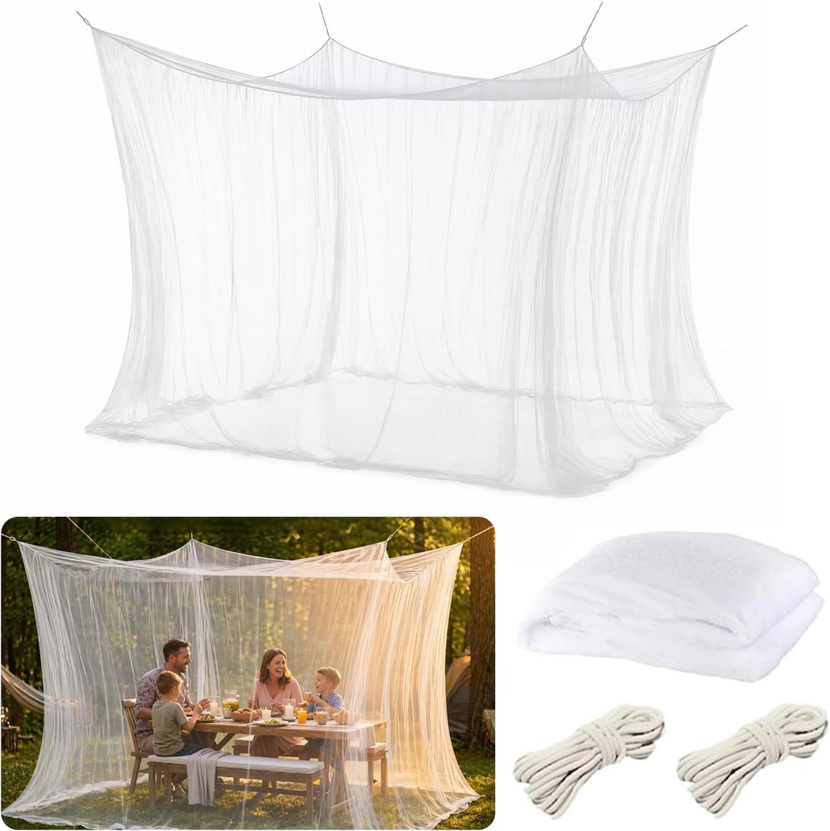 Muggennet voor reizen, 300 x 300 x 250 cm, ultralicht muggennet met 16 m ophangkoord voor bed, paviljoen, camping, outdoor, insectenbescherming, balkon, muggennet, fijnmazig vliegennet (zwart) (wit)