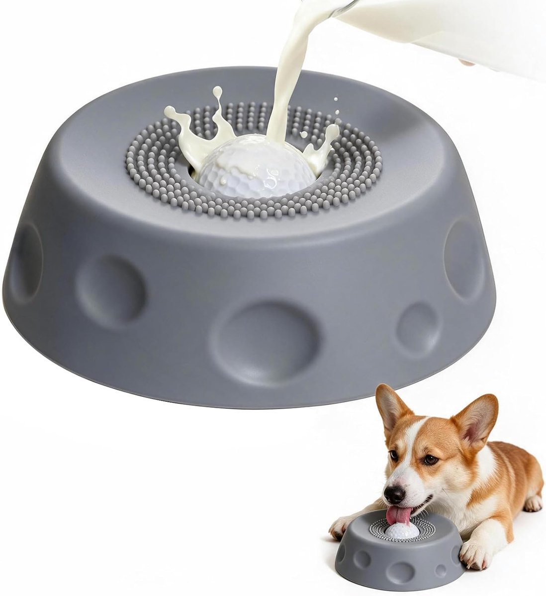 Lekbak voor Honden Langzame Voerbak Hond voor Vloeibaar Natvoer Anti-slip Traktatiespeelgoed Bouillon Yoghurt Hondenkommen met Hond Likbal voor Grote Middelgrote Kleine Puppy Rassen (Grijs)