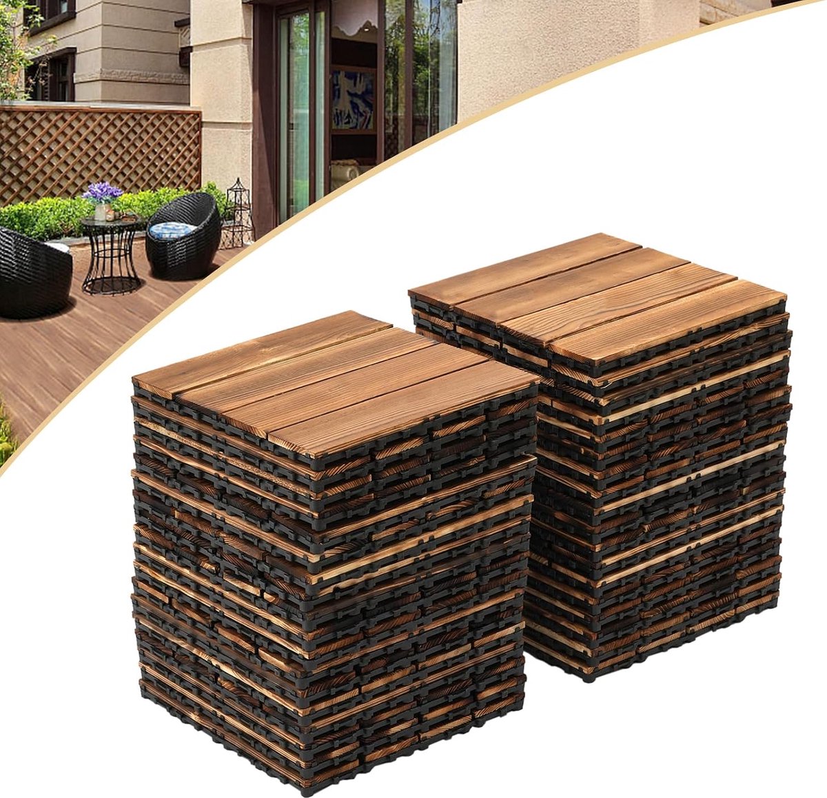 Houten terrastegels 30,5 x 30,5 cm, in elkaar grijpende dektegels, bruin, vloerbedekking voor terras, tuin, terras, zwembad, binnen en buiten