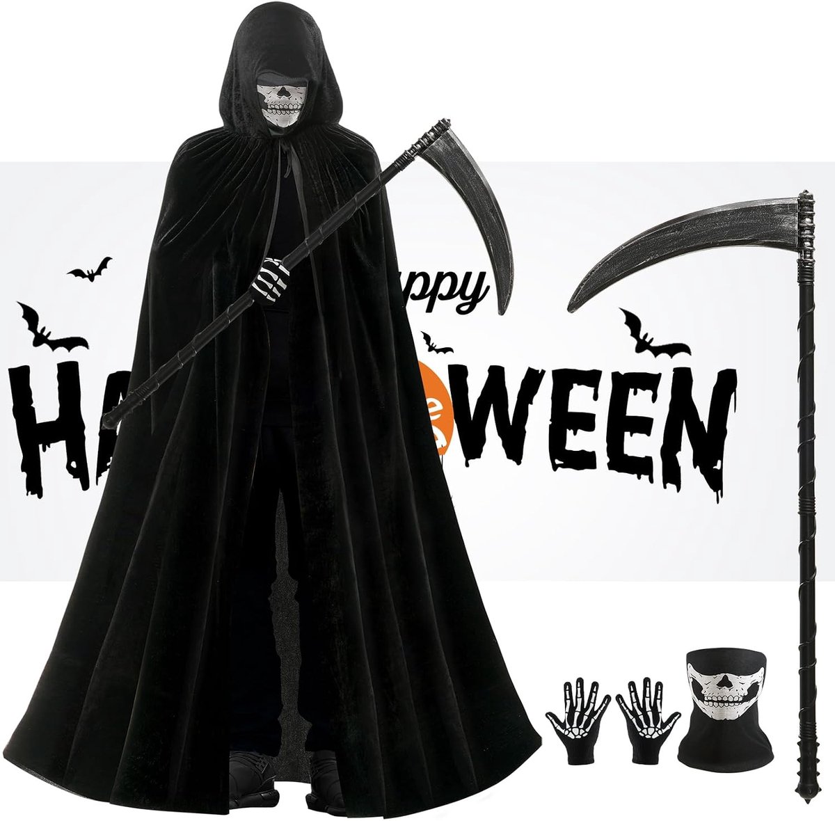 Kostuum 4-delig met zeis en masker - zwart fluwelen cape met capuchon voor volwassenen, heren, dames en jongeren, perfect voor Halloween, horrorfeest, carnaval, cosplay en themafeest