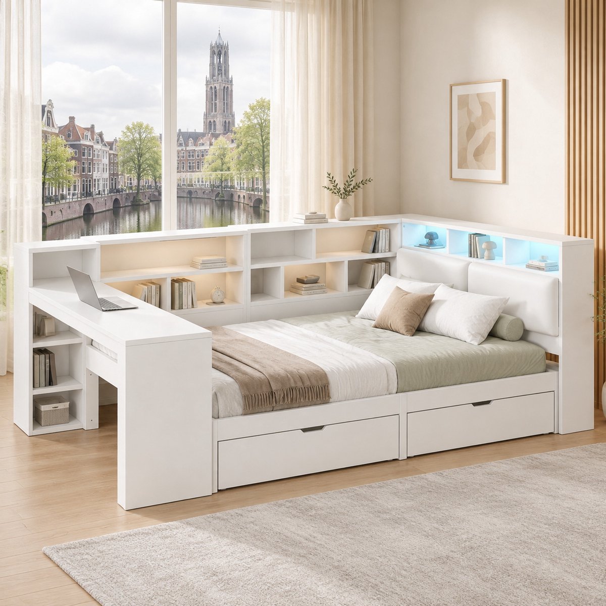 WUVRIE L-vormig platformbed 140x200 cm met bureau, boekenrek, bedlades, LED-verlichting en USB-laadstation, wit