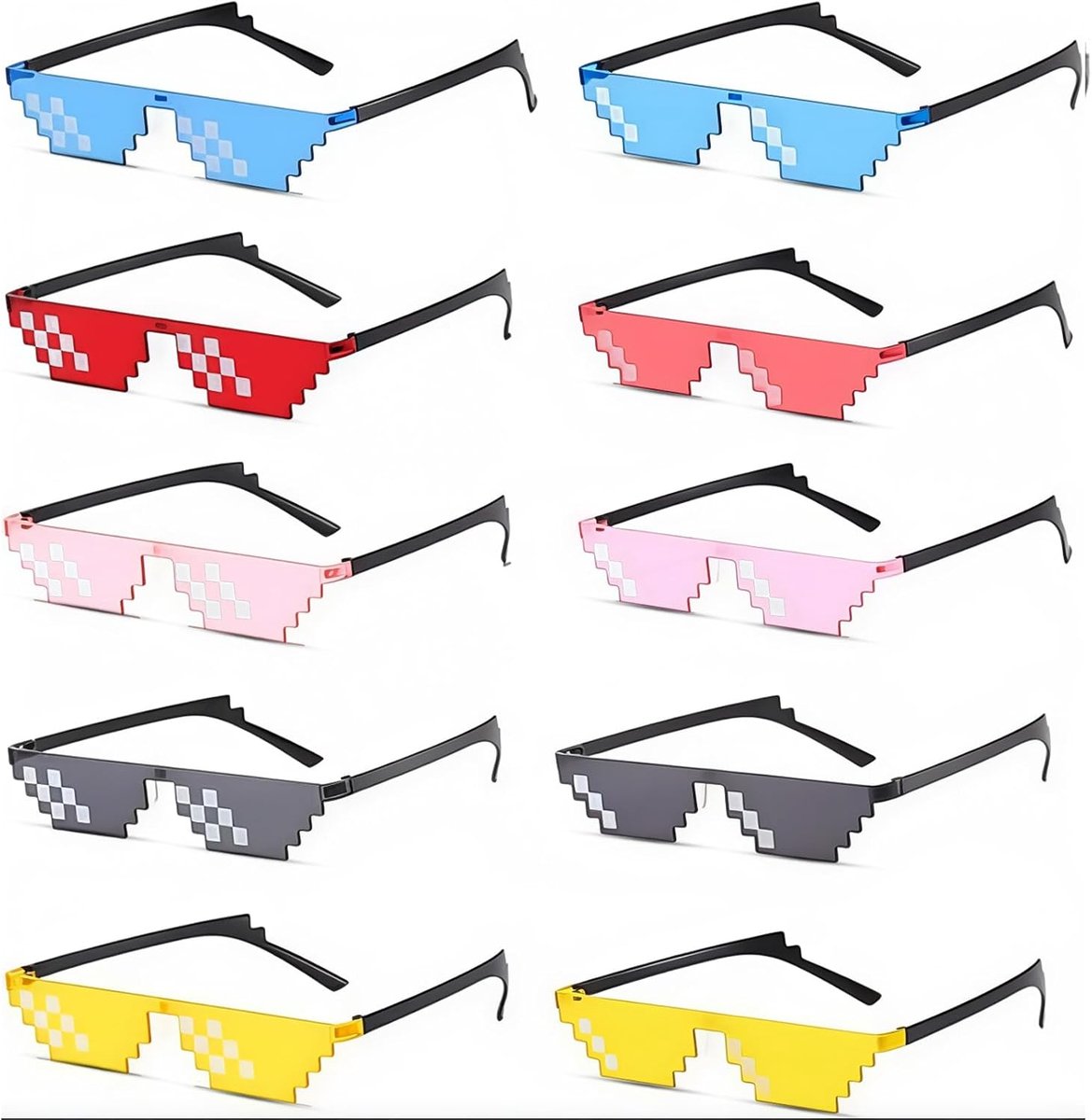 Life Pixelated zonnebril, partybril, 10 stuks, pixelated zonnebril, Thug Life bril, pixelmozaïek, bril, kleurrijke pixelbril voor Minecraft verjaardagsdecoratie (5 kleuren)