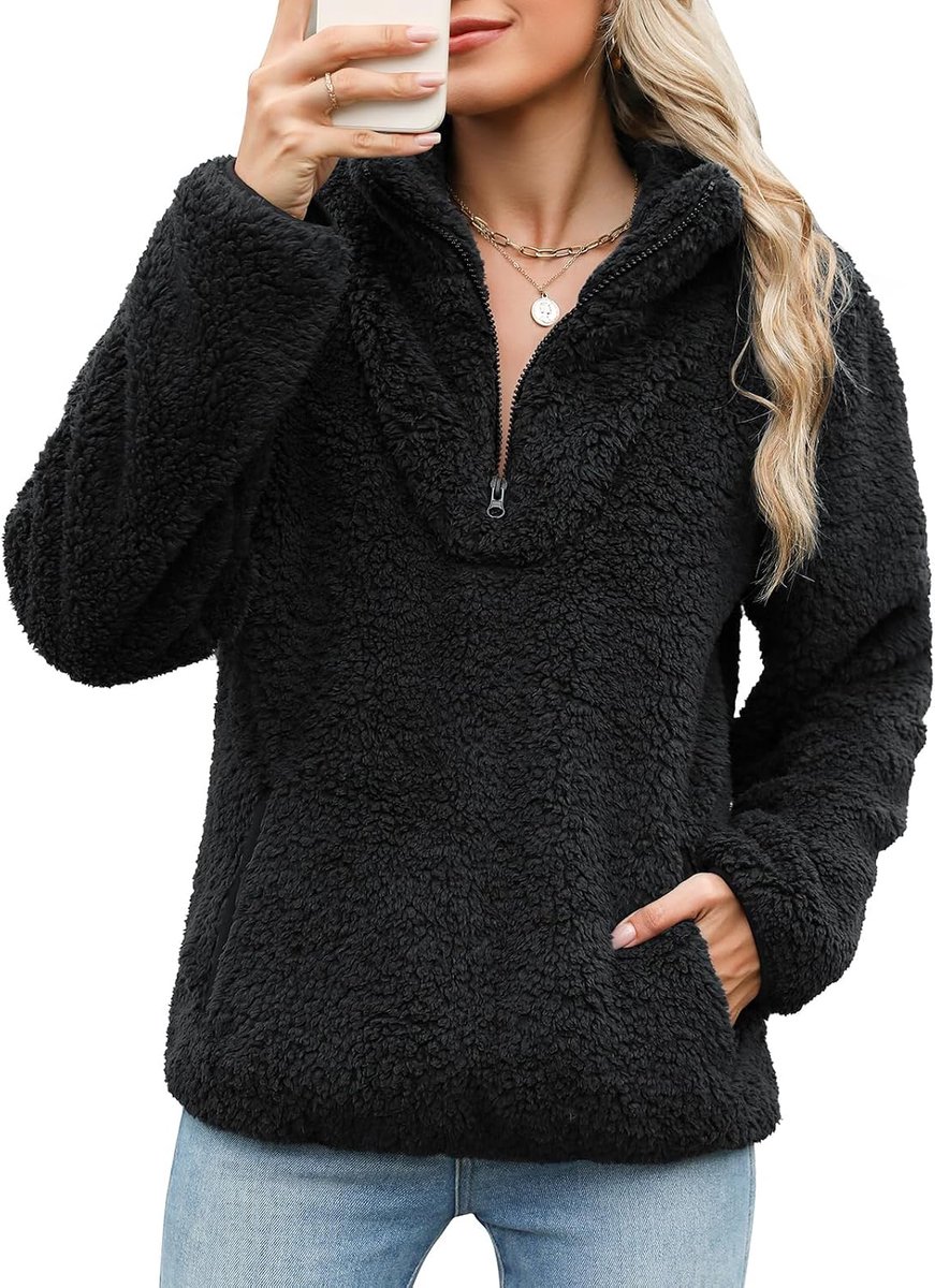 Sweatshirt zonder capuchon met ritssluiting voor dames, fleece, los, effen, lange mouwen, trui met zakken, warm en pluizig sweatshirt, jassen, bovenstukken, herfst en winter
