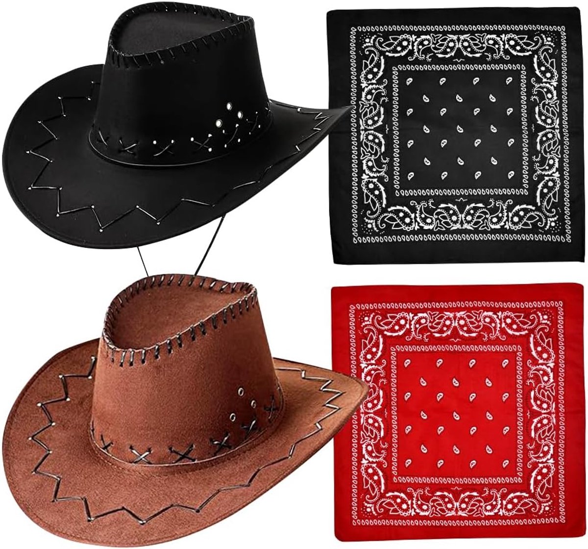 Cowboyhoed voor dames, 4 stuks cowgirl-hoedenset met bandana, brede rand, cowboyhoeden, westerse cowgirlkostuum, accessoire, verkleedkostuum voor Halloween, carnaval (rood en zwart)