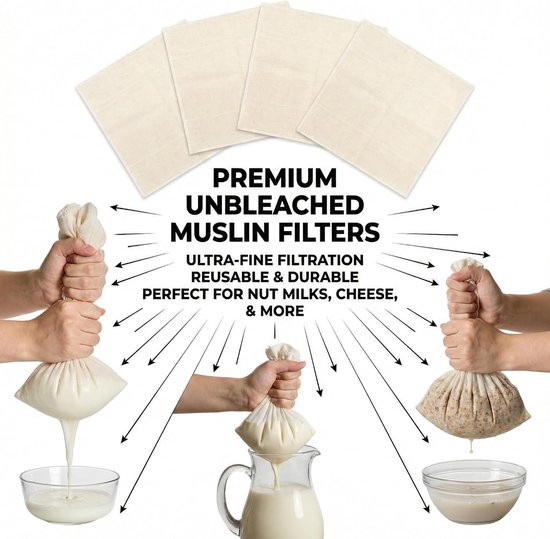 Herbruikbare Filterdoeken voor de Keuken – Kaasdoek, Yoghurtdoek, Groentensapdoek – Ongebleekt Katoen, Perfect voor Zelfgemaakte Kaas, Yoghurt en Sap (50x50cm & 60x60cm) — afbeelding 3