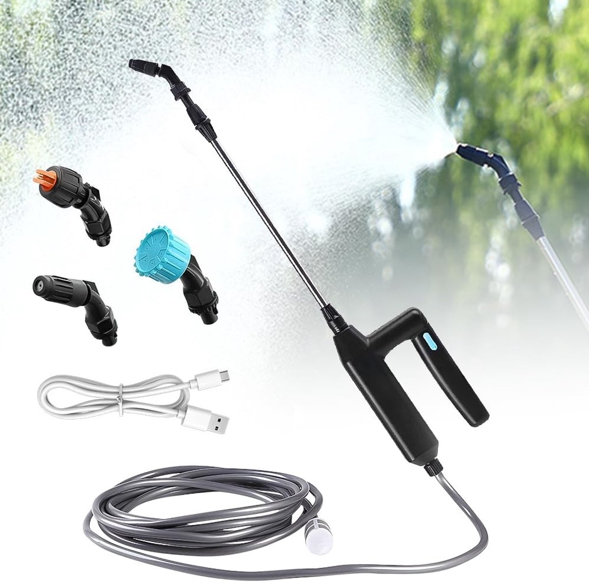 Draadloze elektrische drukspuit voor planten met telescopische steel van 60 cm, 5 m slang en 3 spuitmonden, oplaadbaar en draagbaar voor tuinonderhoud