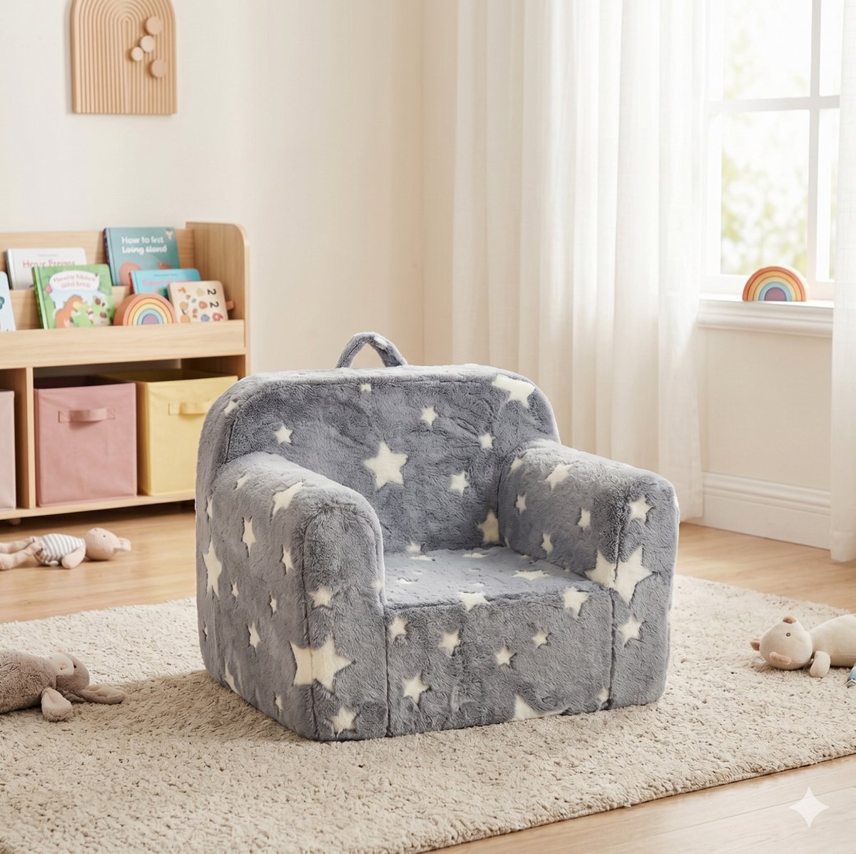 MODENUIT Kinderfauteuil 64 x 49 cm - Handgreep en Afneembare Hoes - Kinderkamer - Stof Grijs met Sterren
