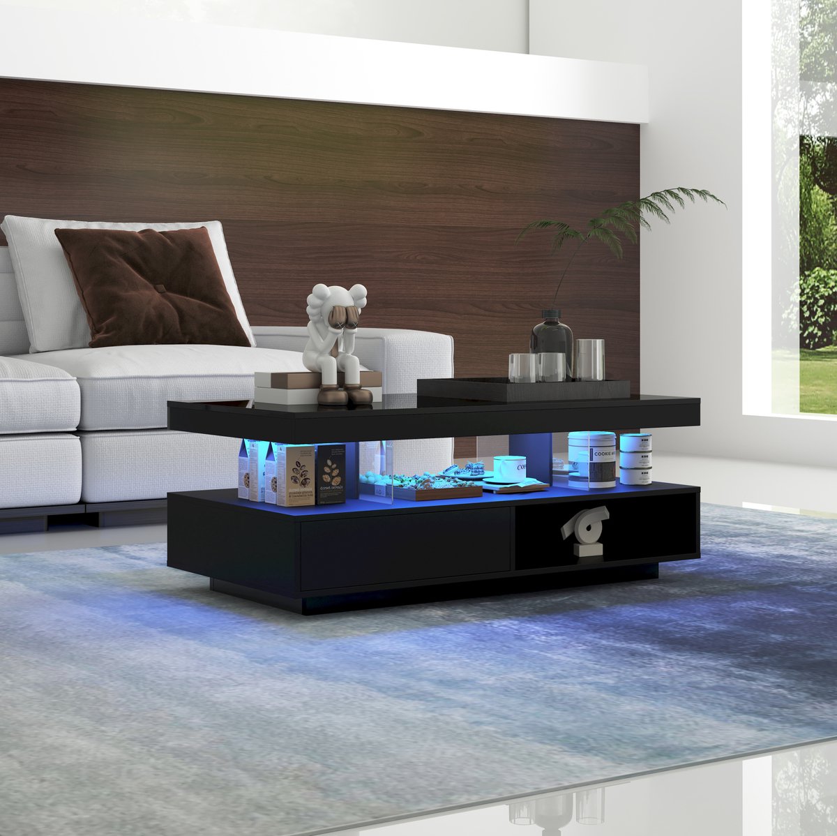 MEUNIQ Salontafel 95 x 50 x 42,5 cm met hoogglans blad, 4 glazen inzetstukken, 2 druklades en 2 open vakken voor woonkamer, zwart