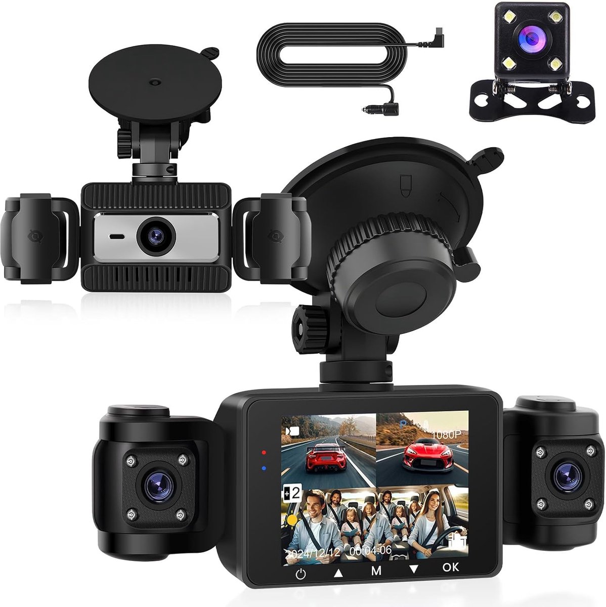 4-kanaals dashcam auto, 1080p dashcam autocamera en achter binnen met 64 GB kaart, 2,4 inch IPS-scherm, nachtzicht, G-sensor, 24 uur parkeren, parkassistent, bewegingsdetectie, loop-opname
