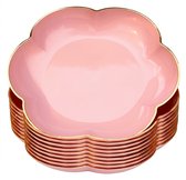Roze kunststof gebaksborden 10 delige set – bloemvormige dessertborden met goudkleurige rand – plastic bordjes voor gebak, dessert, fruit, hapjes, picknick, bruiloft en feest