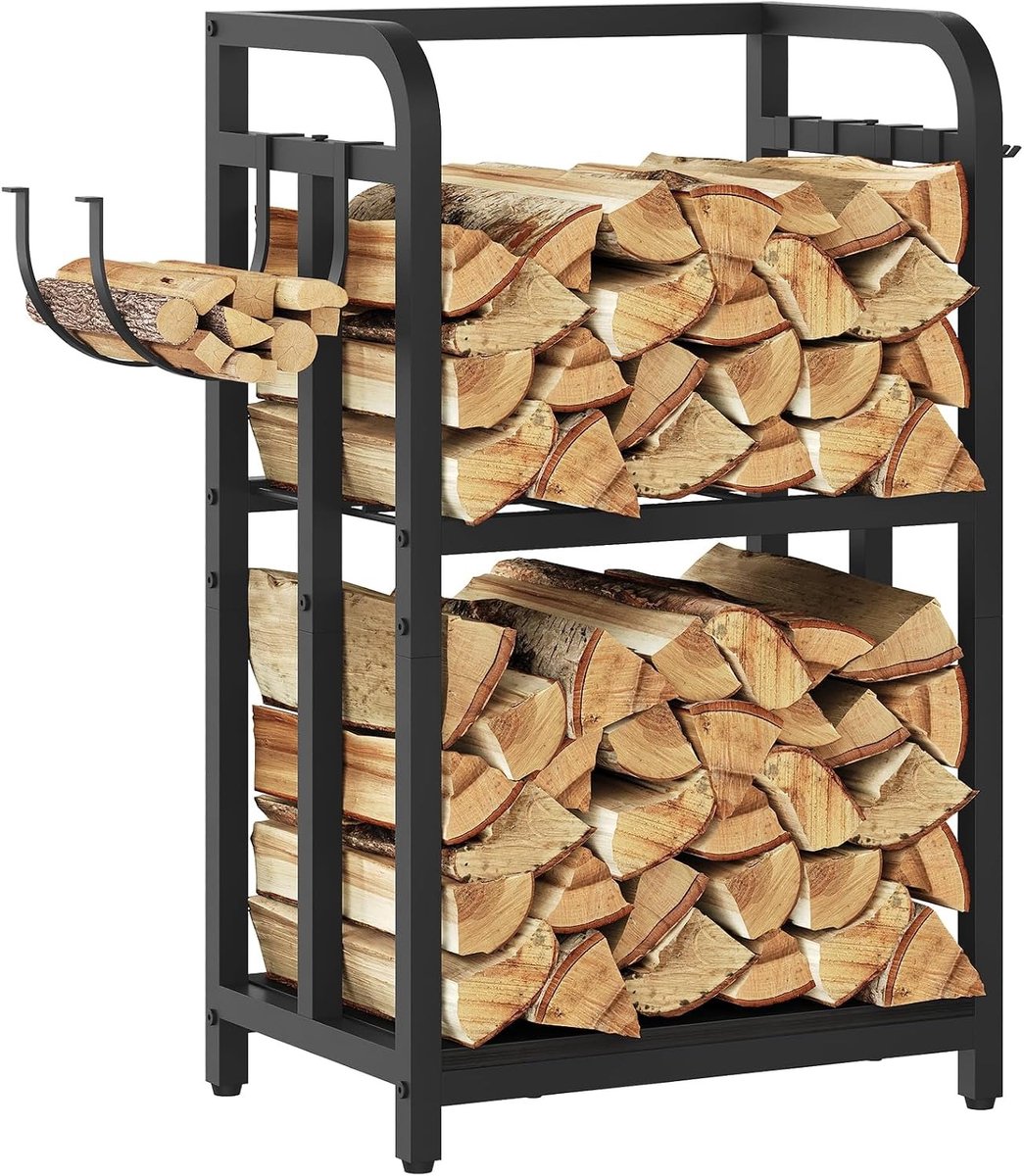 Brandhoutrek - Houtopslag voor Haard en Kachel - 2 Niveaus - Met Haken en Verstelbare Voetjes - Stabiele Brandhoutstandaard - Binnen en Buiten - Zwart - 44 x 30 x 72 cm
