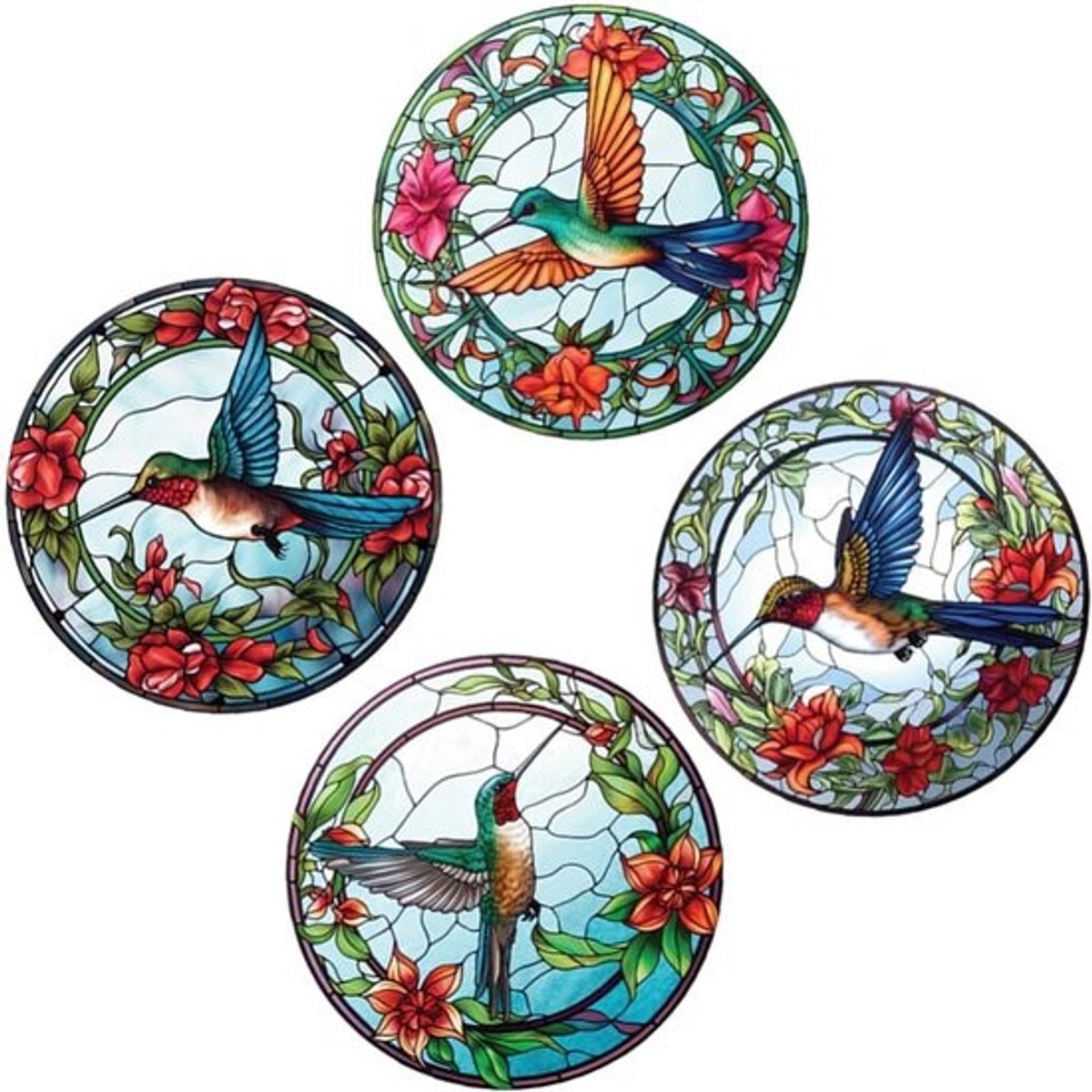 4 Sheets Round Hummingbird Stained Glass Window Panels - Bird Windows - Anti-Collision Window Stickers - Non Self-Adhesive - Window Decoration