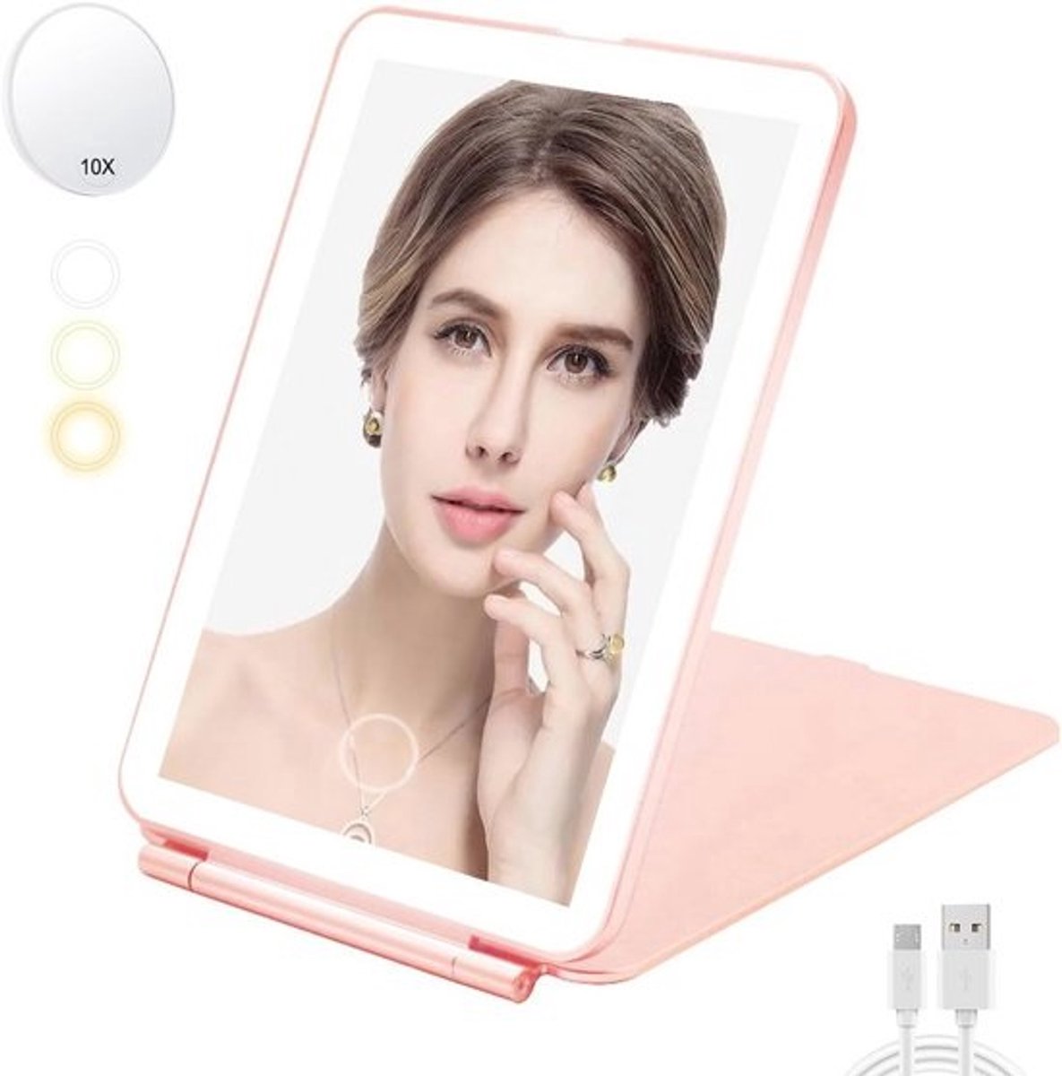 Draagbare make-upspiegel met LED-verlichting en touchscreen - Oplaadbaar via USB - Roze
