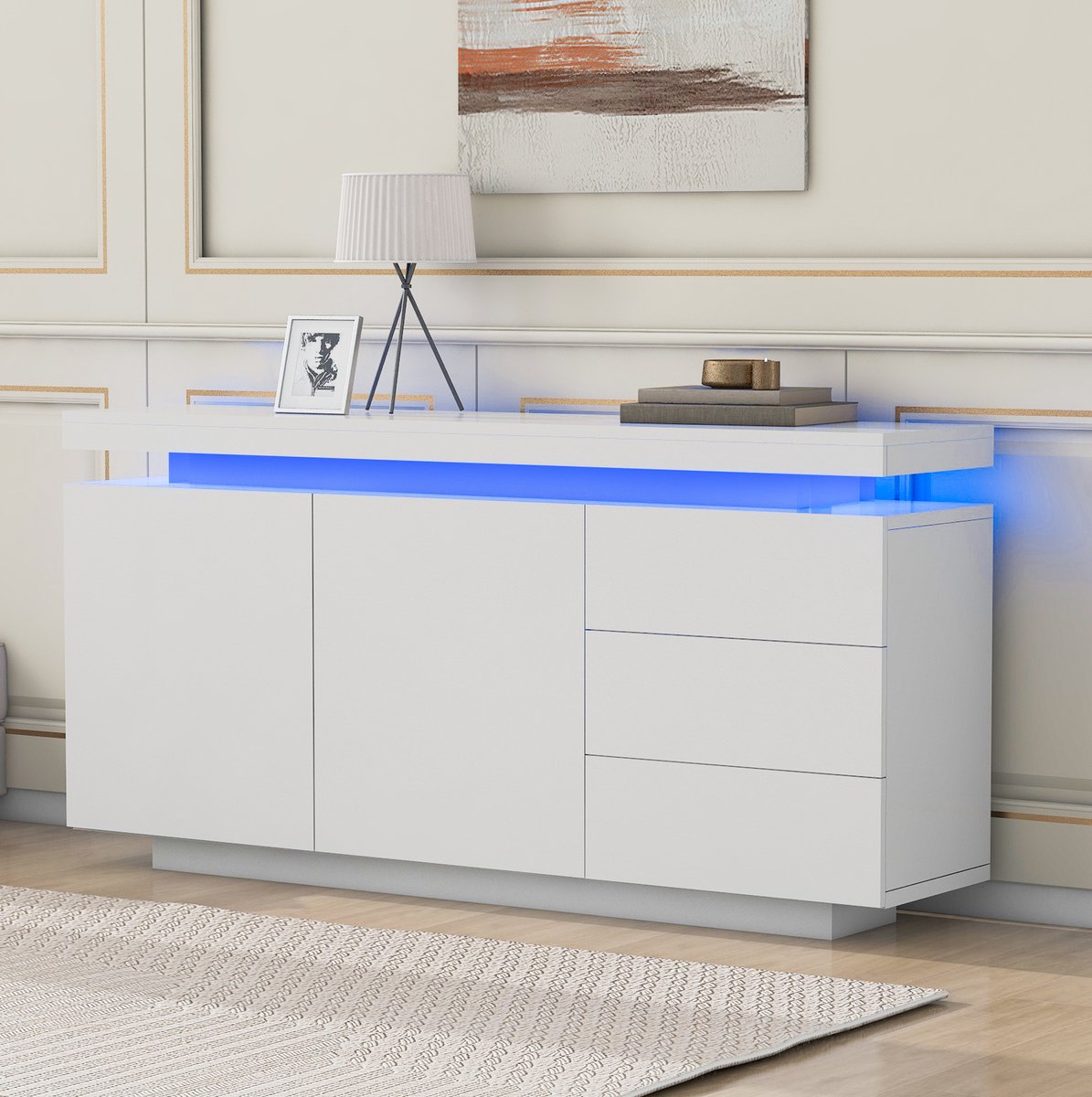 MEUNIQ Sideboard 140 x 35 x 72,5 cm met LED-verlichting, 2 deuren en 3 greeploze lades, wit hoogglans dressoir van spaanplaat voor woonkamer of slaapkamer