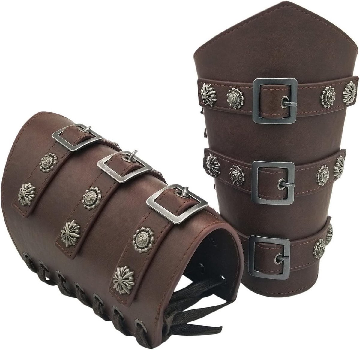 Renaissance Buckle Bracers van hoogwaardig leer, bruine vintage armbeschermers voor middeleeuwse LARP en cosplay, unisex armguards voor avontuurlijke ridders