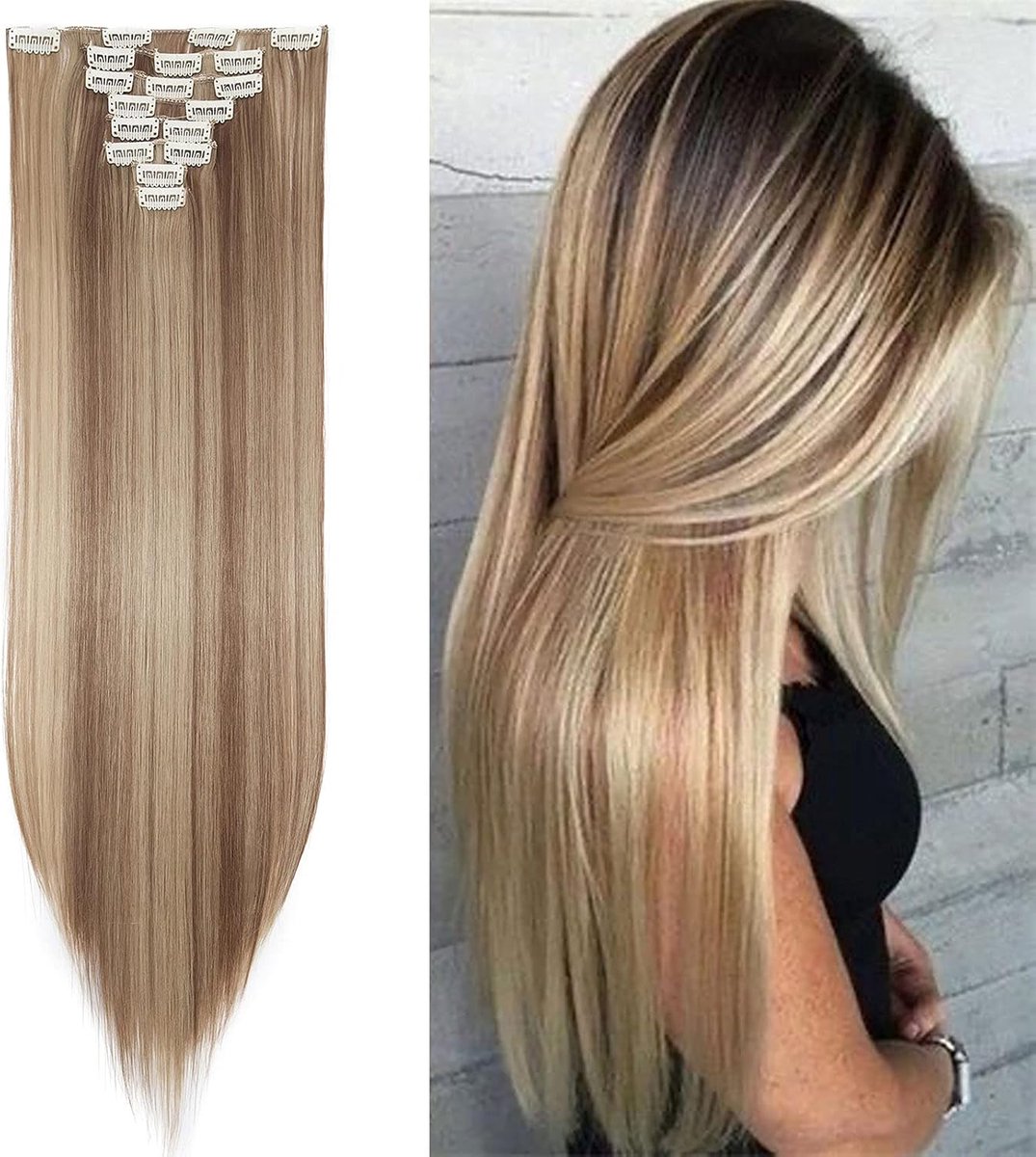 extensies, haarverlenging, net als echt haar, synthetisch haarstukje, 8 strengen, 18 clips, voor het hele hoofd, haarverlenging, 66 cm, steil, lichtbruin en asblond