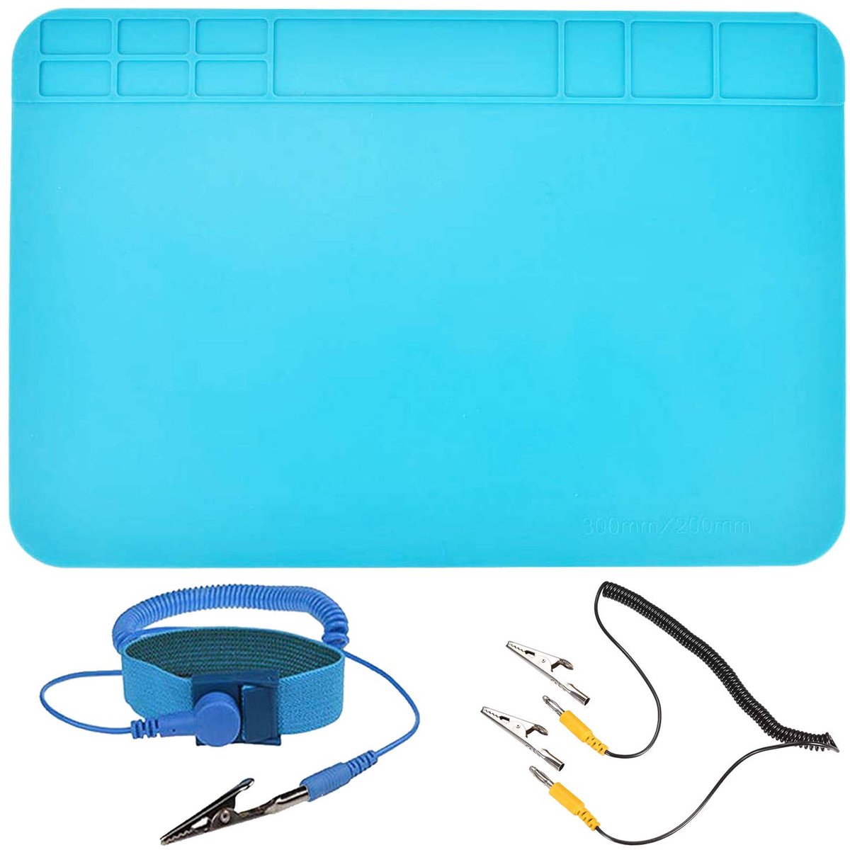 soldeermat Antistatische siliconenmat 932°F 11,8 x 7,8 inch / 30 x 20 cm Hittebestendige mat voor elektronicareparatie met krokodillenklem Aardingskabel, antistatische pols