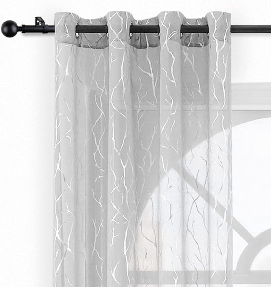 Grijze doorschijnende gordijnen met boompatroon - metallic zilveren tak artistiek ontwerp doorvoertule pure gordijnen 213 cm lang lichtfilter privacy voile gordijnen, 132 x 213 cm, 2 panelen,