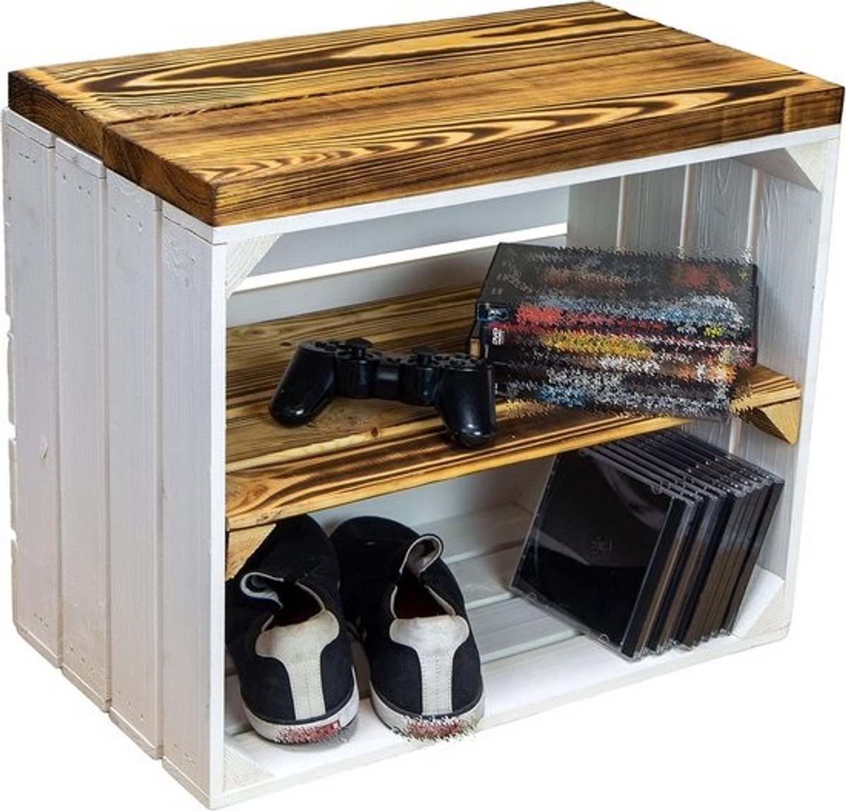 Houten Opbergkist met Zitfunctie en Planken - Rustieke Houtlook Bankje/Kastje