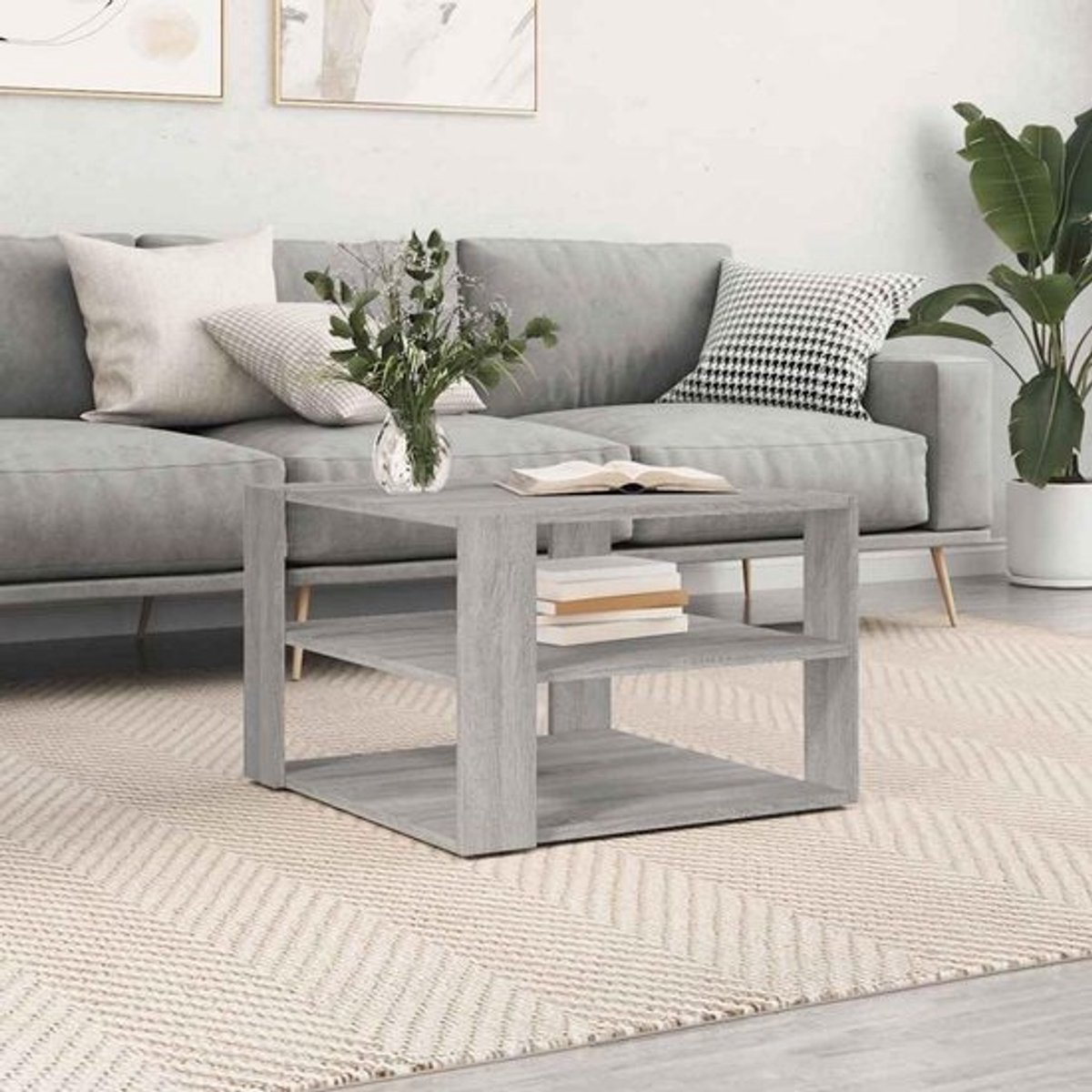 Ronde Salontafel 60x60cm Hout Sonoma Grijs - Bijzettafel Woonkamer