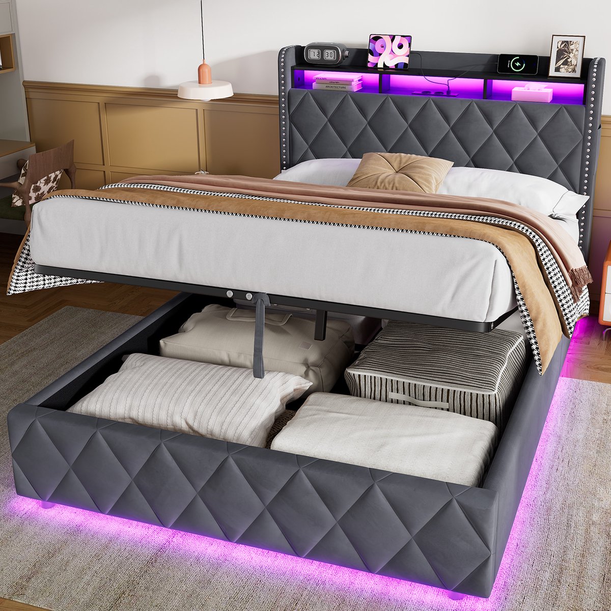 MIVRAY Bed - LED-Verlichting en Oplaadfunctie - 140 x 200 cm - Fluweel Hout en Metaal - Donkergrijs - Met Opbergruimte en Verstelbaar Hoofdbord