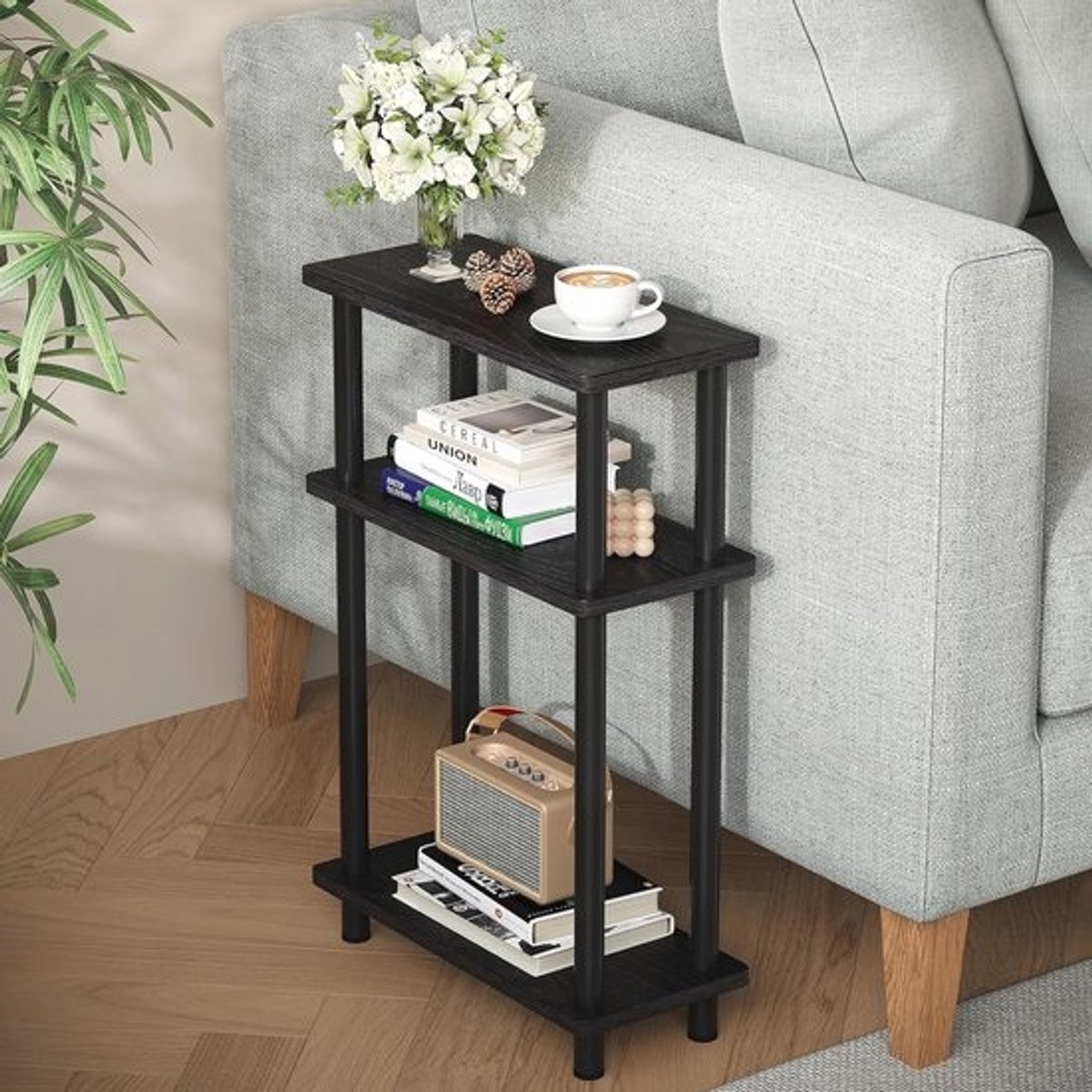 Smal Bijzettafel 40 x 18 x 61,5 cm - Houten Tafel met 3 Niveaus en Opbergruimte voor Woonkamer, Slaapkamer en Balkon