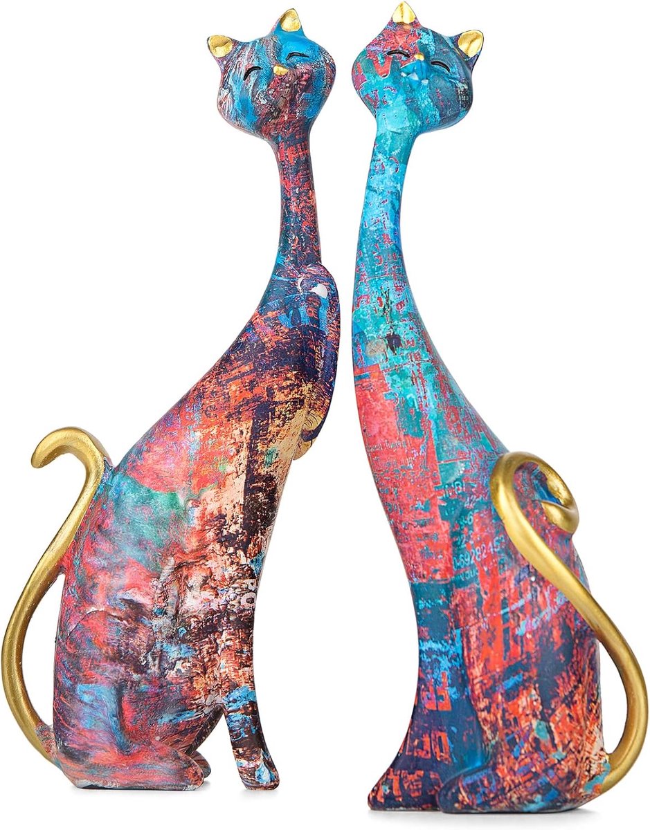 masteymoh Kunsthars sculptuur standbeeld katten 2 stuks twee olieverfschilderijen katten sculpturen voor thuis kantoor hotel boekenplank desktop decoratie 28 cm hoog