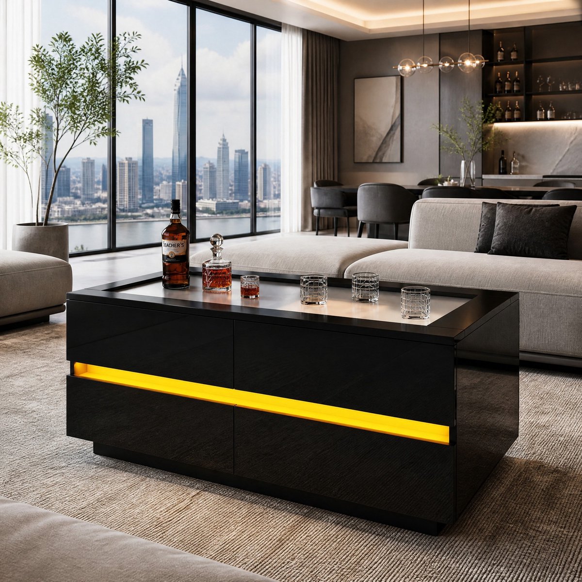MEUNIQ Zwarte salontafel 100 x 50 x 40 cm met 4 lades, LED-verlichting, gehard glazen blad en hoogglansfronten voor woonkamer, 35 kg draagvermogen