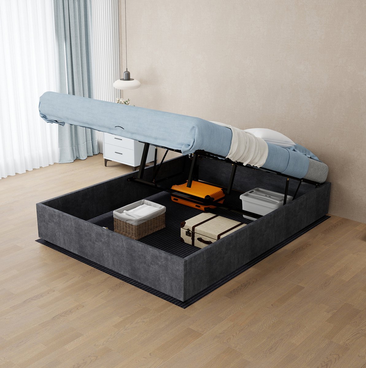 MEUNIQ Opbergbed 140 x 200 cm met gasveer, metalen bedframe en grijze velours bekleding, zonder hoofdbord, inclusief matras voor slaapkamer Grijs