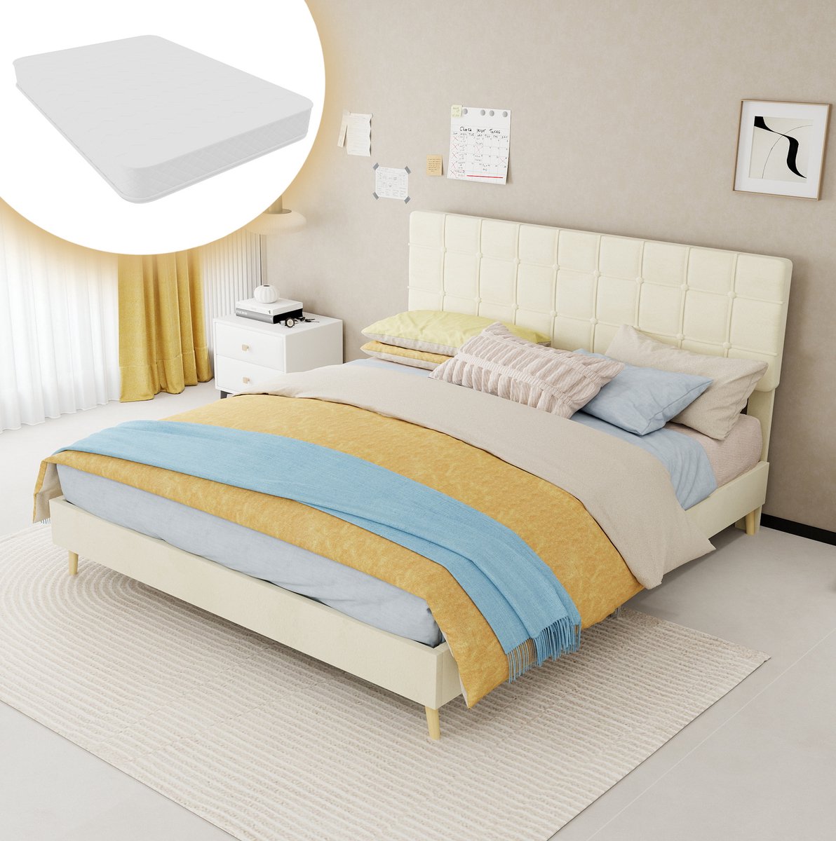 MEUNIQ Gestoffeerd tweepersoonsbed 160 x 200 cm met geruit hoofdbord, metalen lattenbodem, houten poten en matras, beige slaapkamerbed