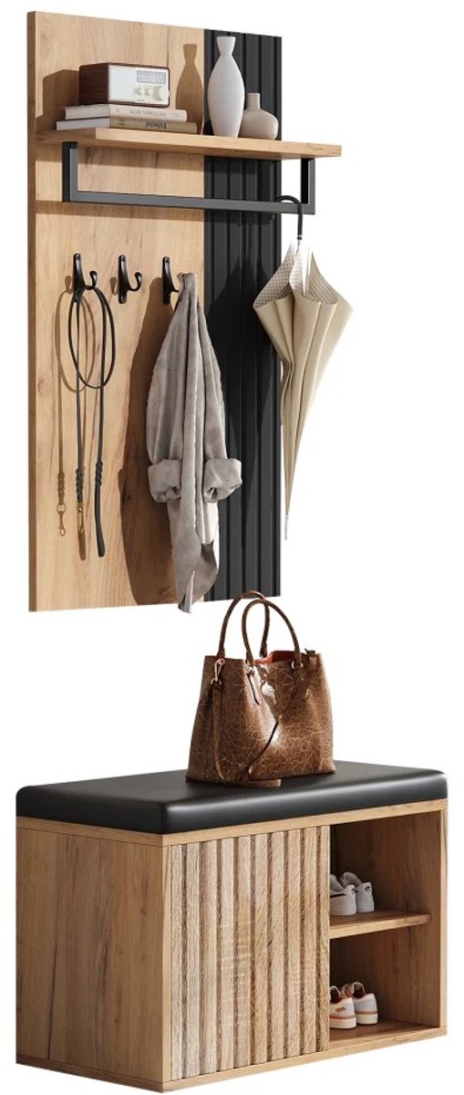 Bresht Schoenenkast - Schoenenrek - Schoenenbank - Met kapstok - Compact ontwerp - Zwart met naturel houtlook - 70 × 36 × 146 cm